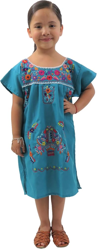 Embroidered Puebla Mexican Dress for Girls, Handmade Traditional Mexican Dress for Girls, Cotton Floral Girls Mexican Dress