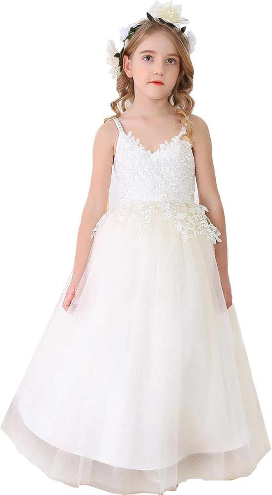 Bow Dream Vintage Ivory Lace Flower Girl Dress Blush Junior Bridesmaid Dress for wedding