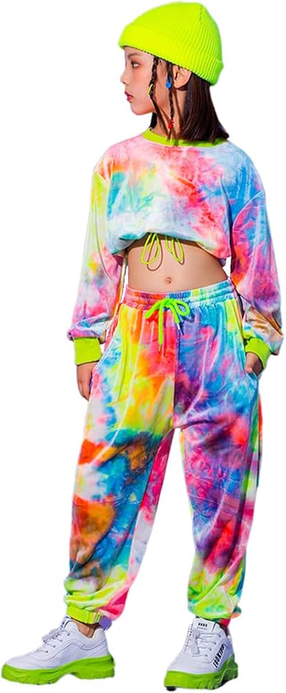 LOLANTA Girl's Tie Dye Hip-hop Dance Clothes Sweatsuit Outfits Sports Crop Tops Joggers Set