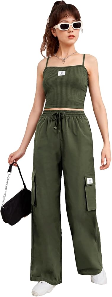 WDIRARA Girl's 2 Piece Outfits Letter Patched Rib Knit Cami Top and Drawstring Waist Cargo Pants Set