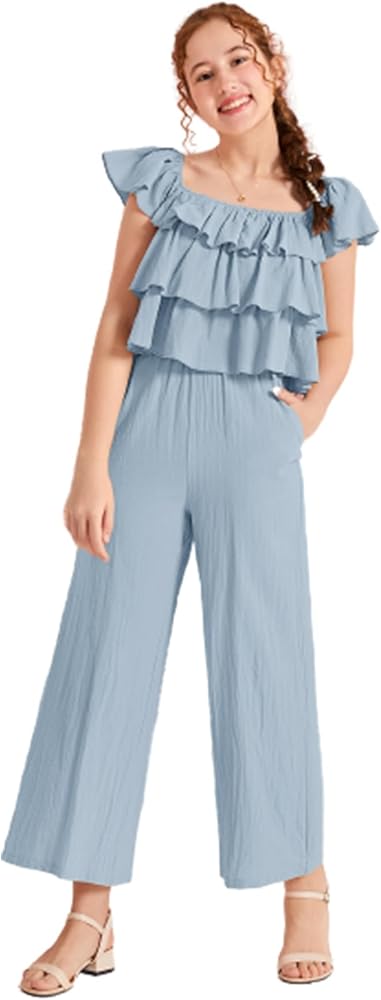 OYOANGLE Girl's 2 Piece Outfit Layered Ruffle Trim Blouse Top and Wide Leg Pants Set