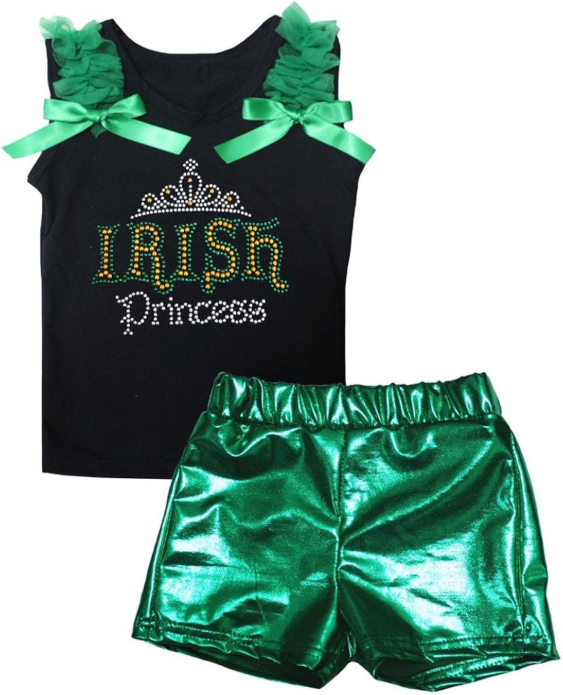 Petitebella Irish Princess Black Cotton Shirt Green Bling Short Set 1-8y