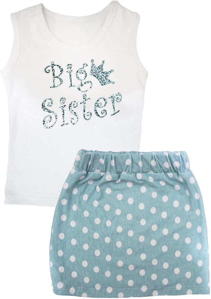 Petitebella Bling Big Sister White Vest Polka Dots Light Blue Skirt Set 1-8y