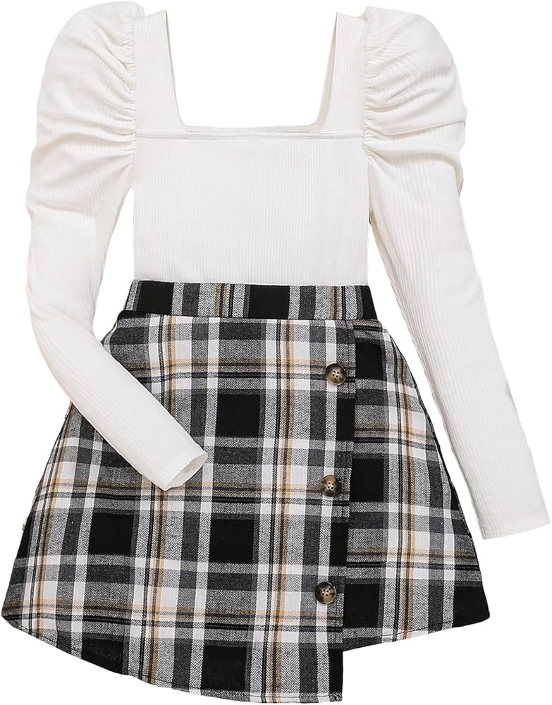 Milumia Girl's 2 Piece Outfits Puff Long Sleeve Knit T Shirt with Plaid Wrap Skirt Set