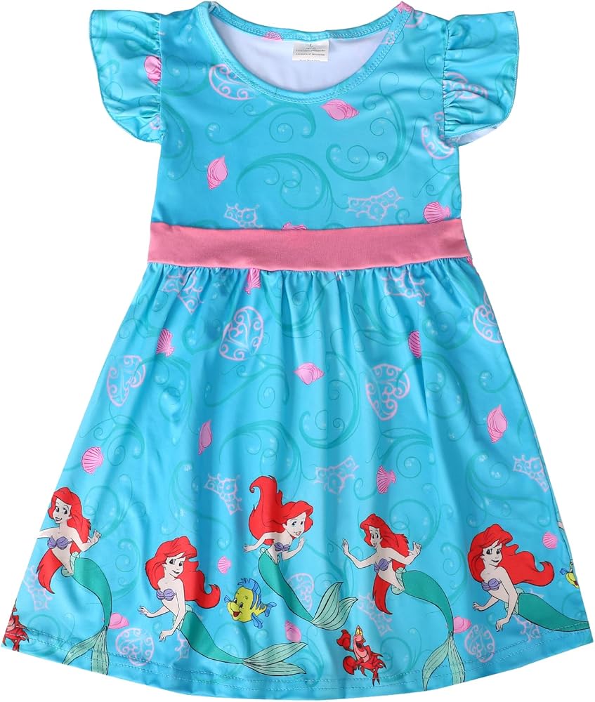 Toddler Girls Princess Cartoon Twirl Dress Ruffle Bottom Summer Flutter Sleeves Clothes 5-6Y