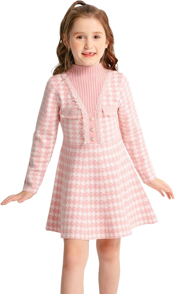 SMILING PINKER Girls Dresses Houndstooth Knitted Sweater Flare Winter Dress Mock Neck