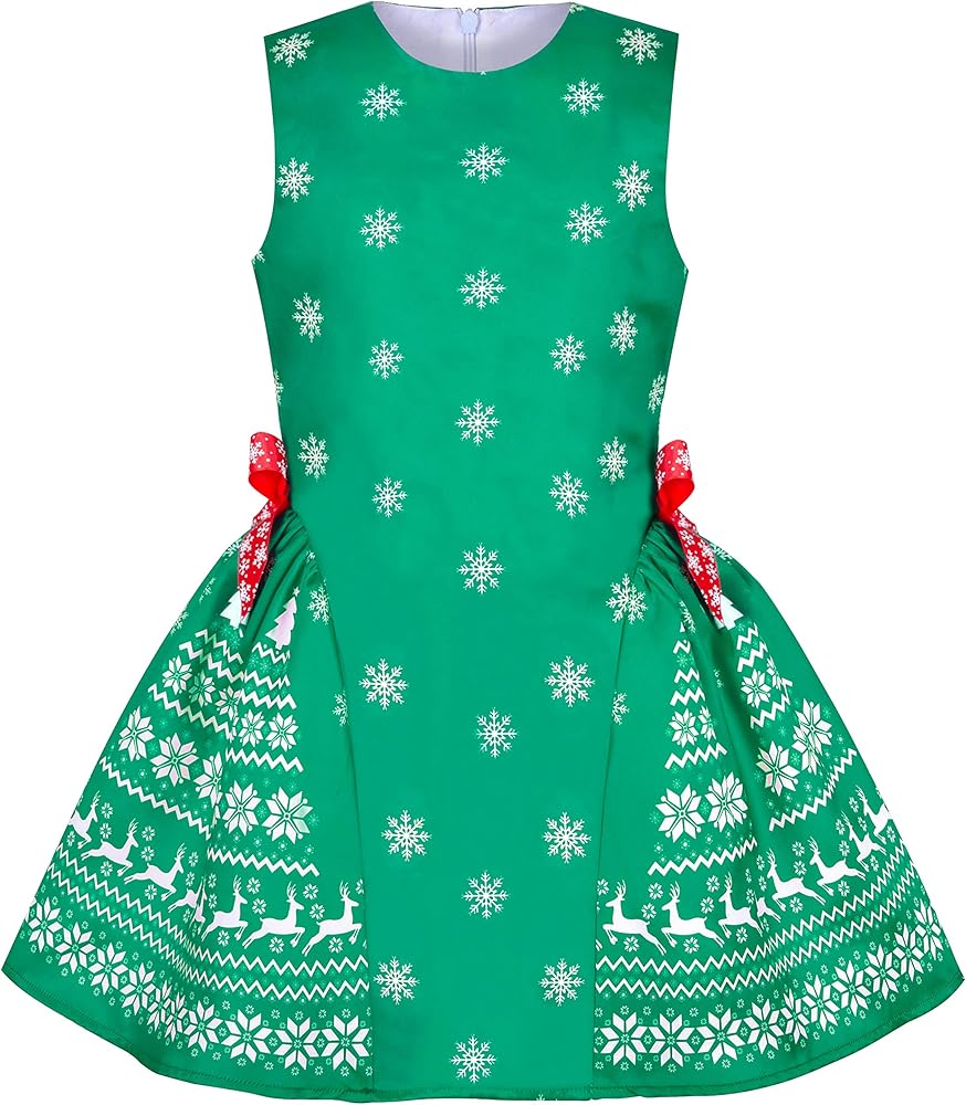 Sunny Fashion Girls Dress Red Reindeer Snowflakes Christmas Party Holiday