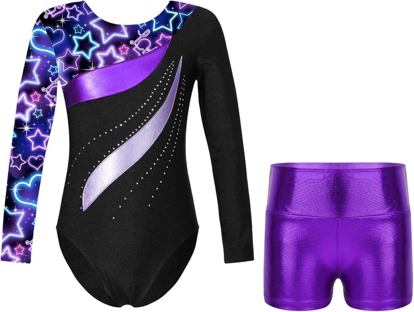 MSemis Girls Shiny Athletic 2 Pcs Dance Outfit Metallic Long Sleeve Ballet Leotard with Shorts Biketard