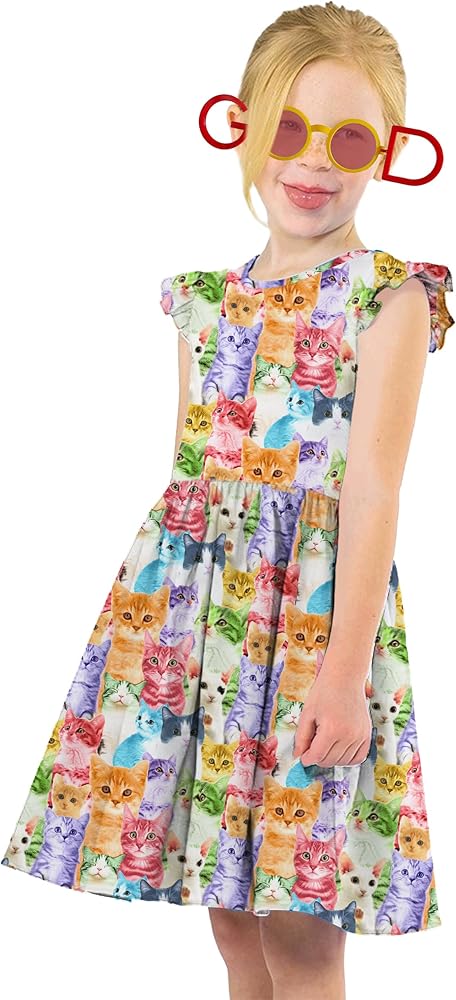 Girls Floral Print Dress Ruffle Sleeve Pleated Casual Swing Dresses with Two Pockets 4-11 Years