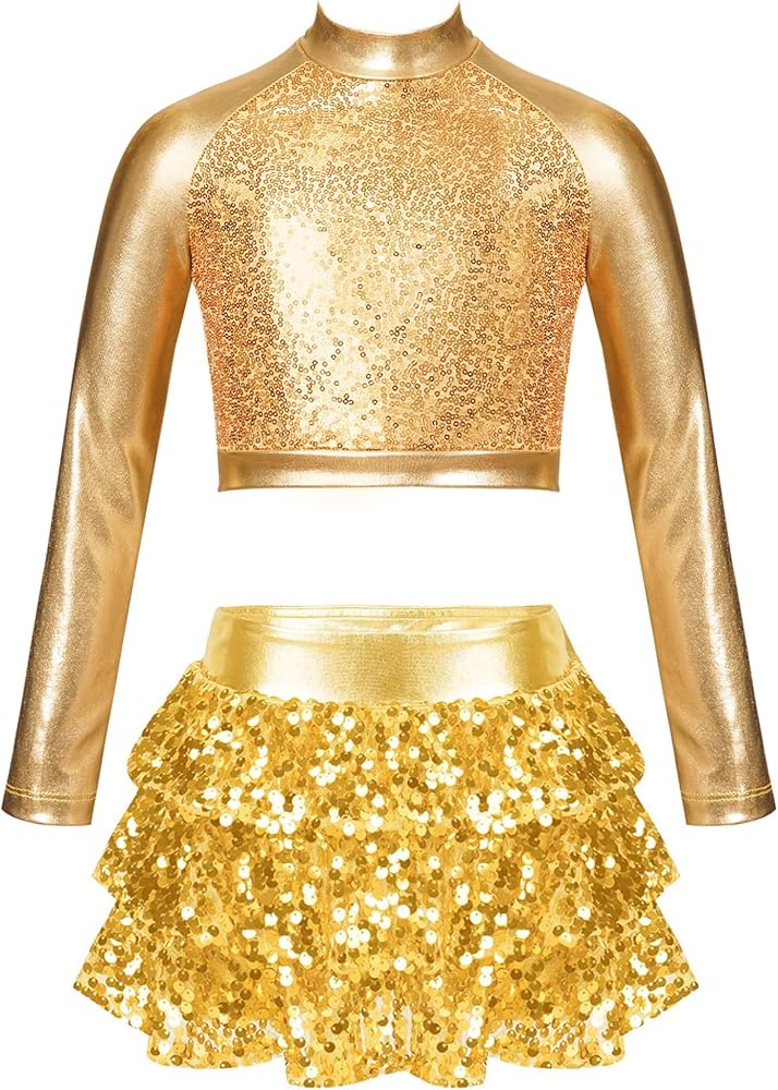 Girls Sparkle Metallic Long Sleeve Turtleneck Crop Tops with Sequin Skirt Set for Hip Hop Outfits Dancewear