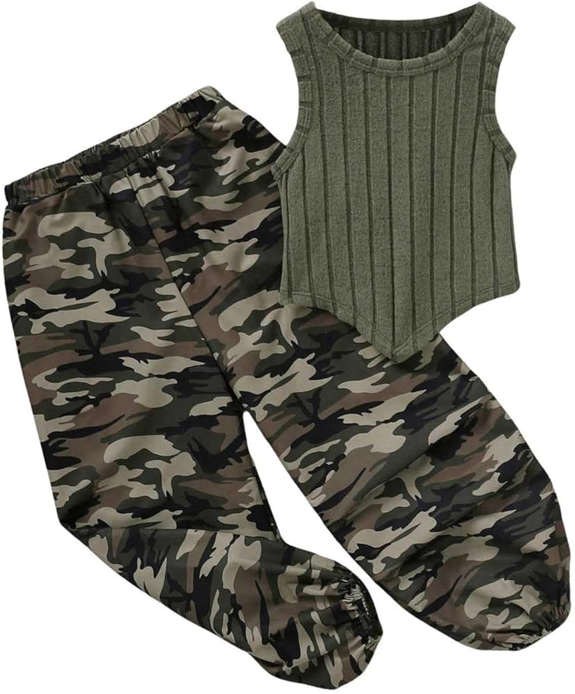 SweatyRocks Girl's 2 Piece Outfits Crewneck Rib Knit Tank Top and Camo Print Pants Clothing Set