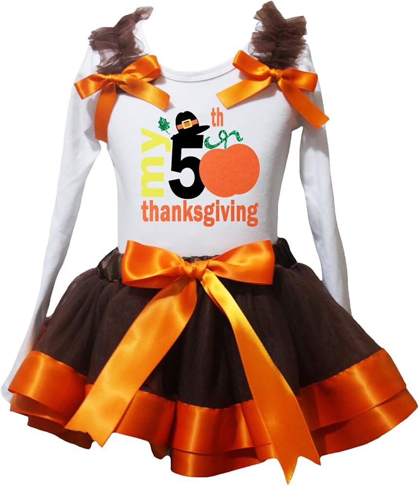 Petitebella My Thanksgiving White L/S Shirt Brown Orange Petal Skirt Nb-8y