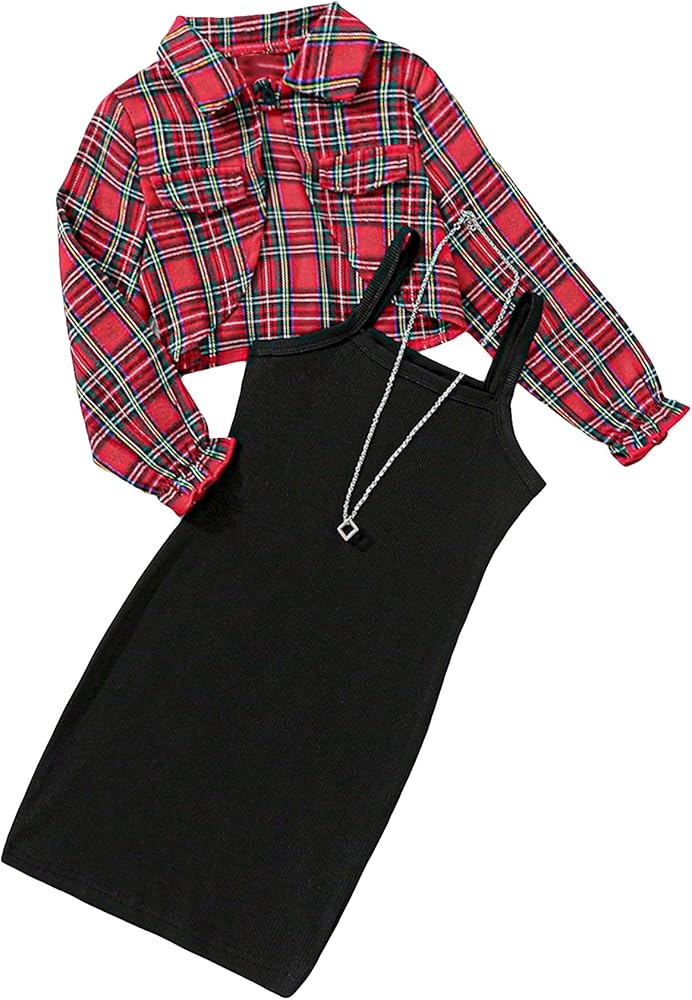 OYOANGLE Girl's 2 Piece Sleeveless Rib Knit Dress and Plaid Long Flounce Sleeve Collared Shirt Tops Set