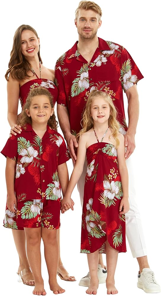 Matchable Family Hawaiian Luau Men Women Girl Boy Clothes in Pineapple Garden Burgundy