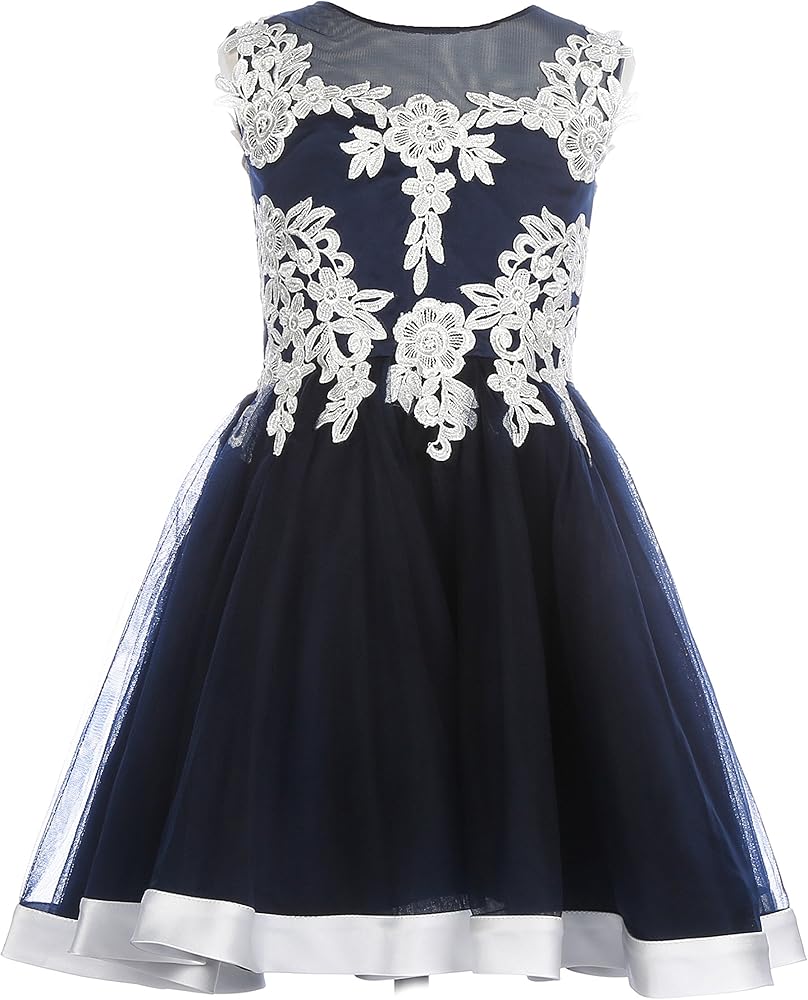 Navy Blue Lace Satin Bow Flower Girl Dresses Little Girls Toddler Party Dress