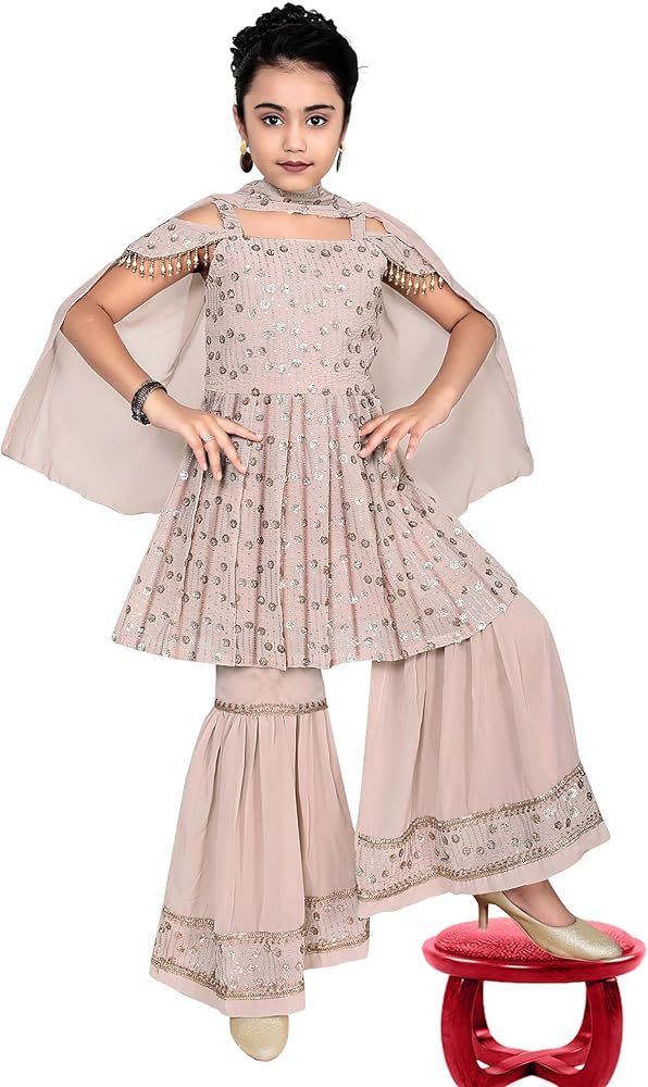 Kids Baby Girls Indian Ethnic Kurta Plazzao Dress Set, Fine Georgette Fabric, Embroidery and Sequin Work