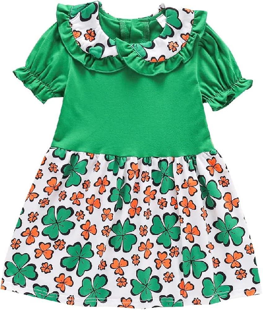 Quenny St. Patrick's Day Girl Dress,1-5 Years Old Clover Green Skirts,Children's Doll Collar Short-Sleeved Stitching Skirts.