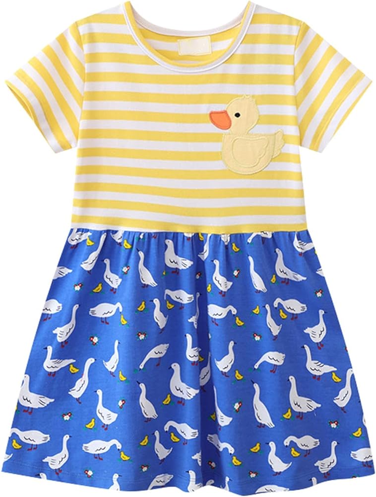 Girls and Toddler's Short Sleeve Dress Striped Pattern and Cute Ducks Cartoon Appliques A Line Flared Toddler Red