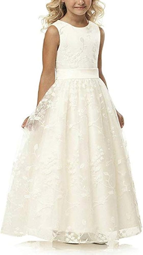 Girls Lace Bridesmaid Dress Long A Line Wedding Pageant Dresses Tulle Party Gown Age 2-12Y