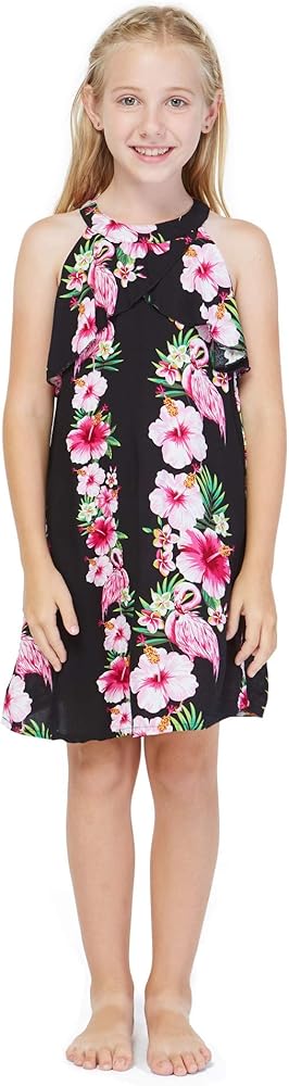 Girl Hawaiian Round Neck with Ruffle Dress in Pink Hibiscus Vine