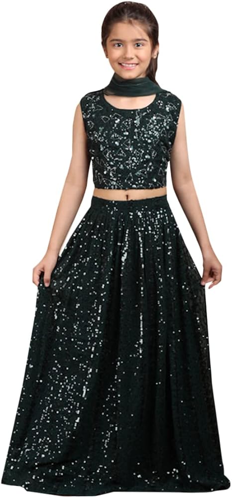 Indian Green kids Lehenga Choli Girls Sequin Kids festive Dress 3038 K22