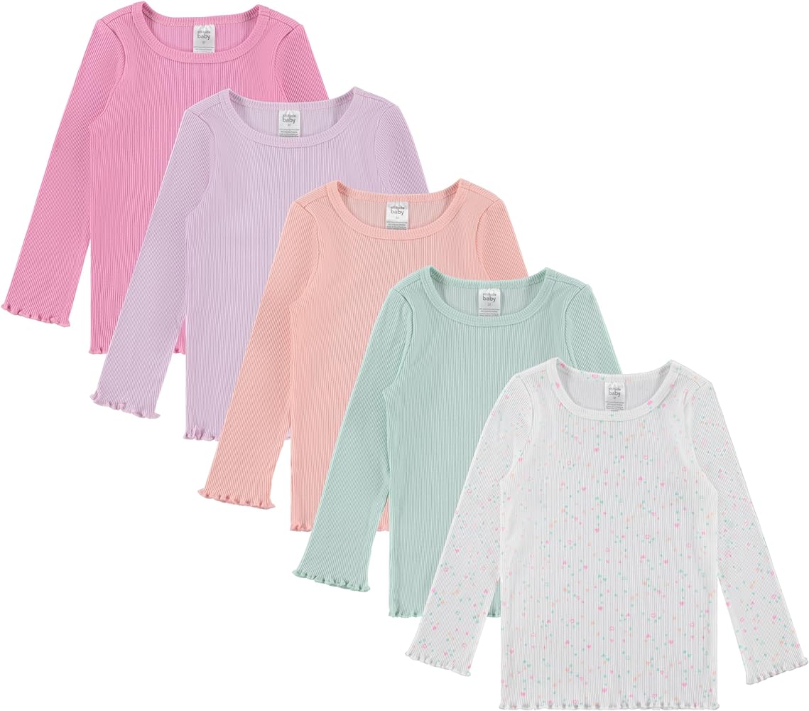 Cudlie 5-Pack Infant/Toddler Girl Long Sleeve Shirt - Basic Baby Tees, Blouses, Tops - Solid Print & Ruffled Tshirts