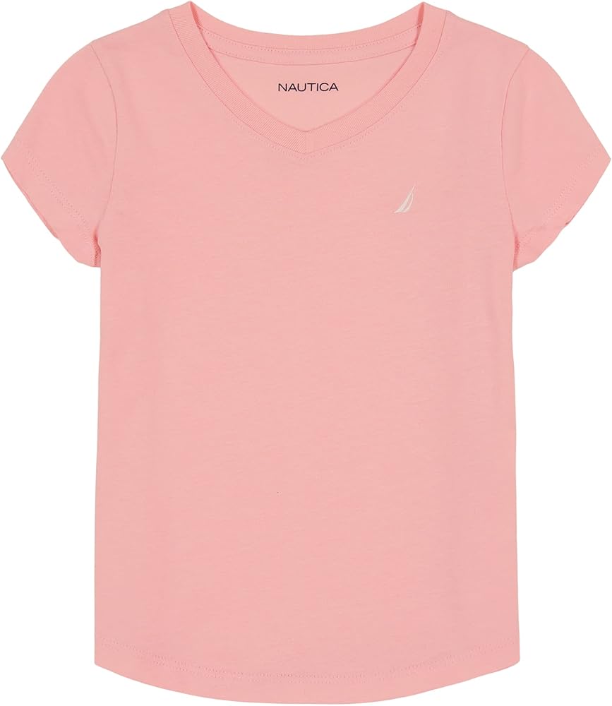 Nautica Girls' Short Sleeve V-Neck T-Shirt, Solid Cotton Blend Tee with Tagless Interior