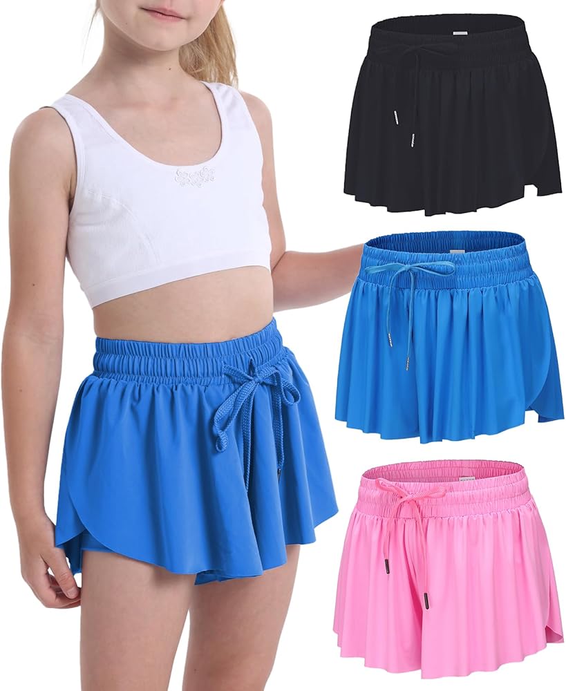 Flowy Shorts for Teen Girls Athletic Gym Running Biker Shorts Preppy Youth Butterfly Shorts（Black/DarkBlue/LightHotPink-XXS）