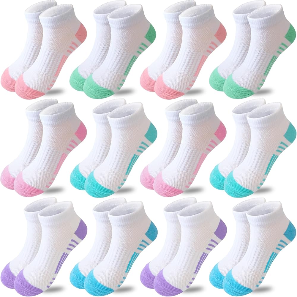 Girls Socks 12 Pairs Ankle Socks Girls Athletic Cotton Sports Socks Low Cut Socks For Little Big Kids