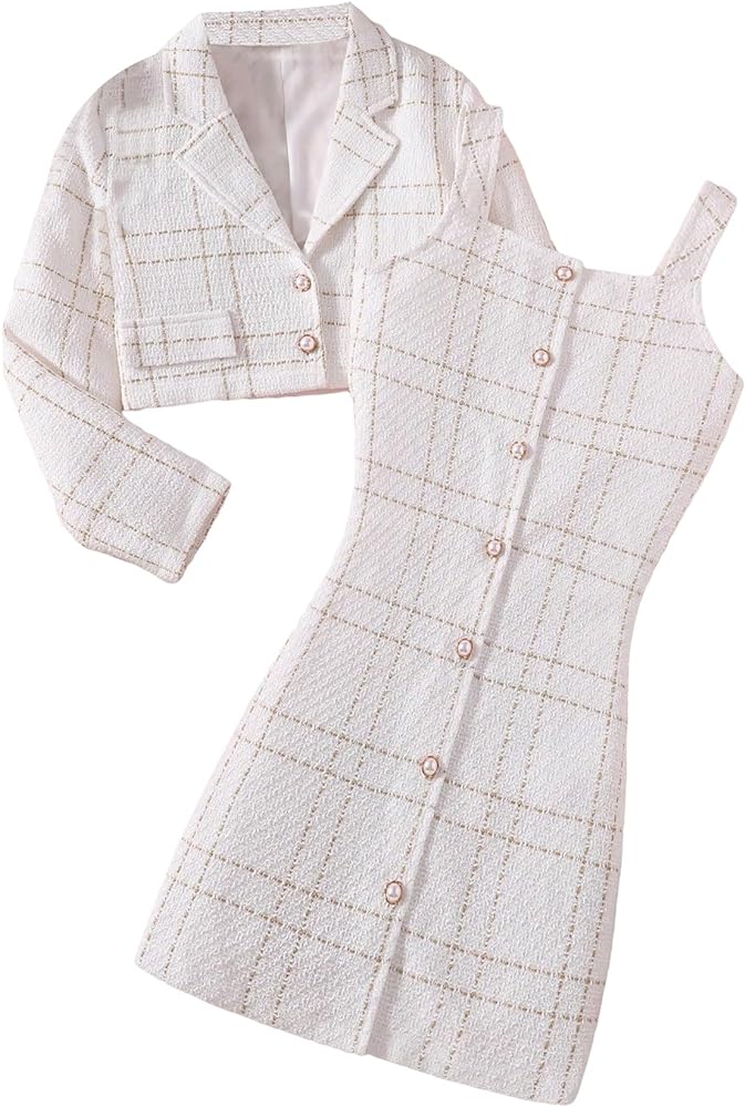 OYOANGLE Girl's 2 Piece Skirt Sets Plaid Tweed Button Short Tank Dress and Long Sleeve Crop Jacket