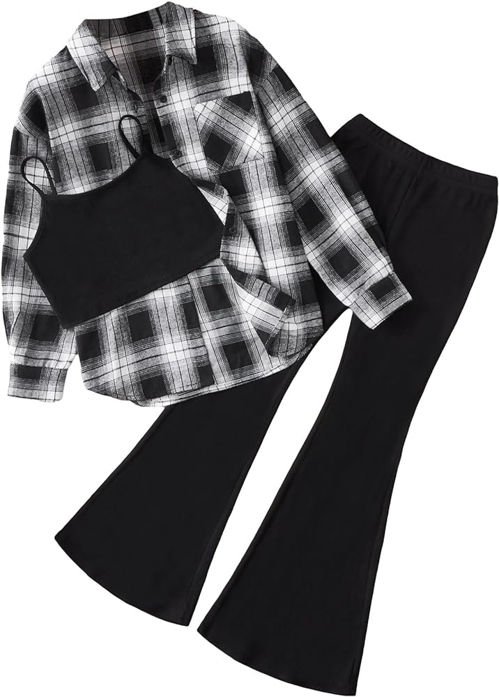 OYOANGLE Girl's 3 Piece Outfits Casual Cami Top and Flare Leg Pants and Plaid Button Down Blouse