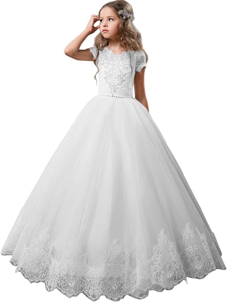 Flower Girl Dress Kids Lace Beaded Pageant Ball Gowns