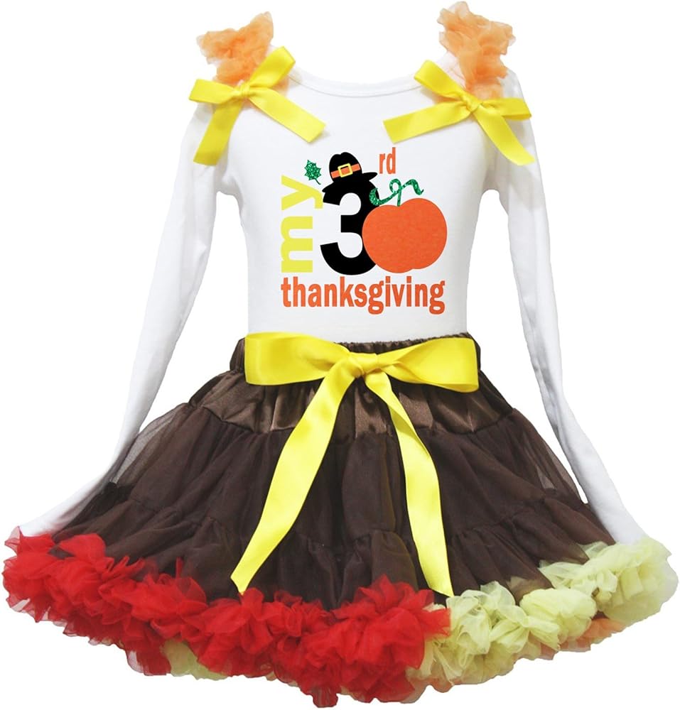 Petitebella My Thanksgiving White L/S Shirt Brown Rainbow Ribbon Skirt Set 1-8y