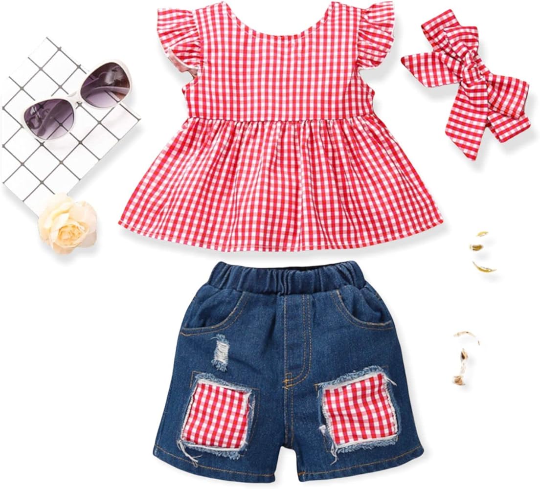 Clothes Kids Girls Toddler Flower/Checks Pattern Short Ruffle Sleeve Top and Patchwork Shorts with Headband Set 6M-5T