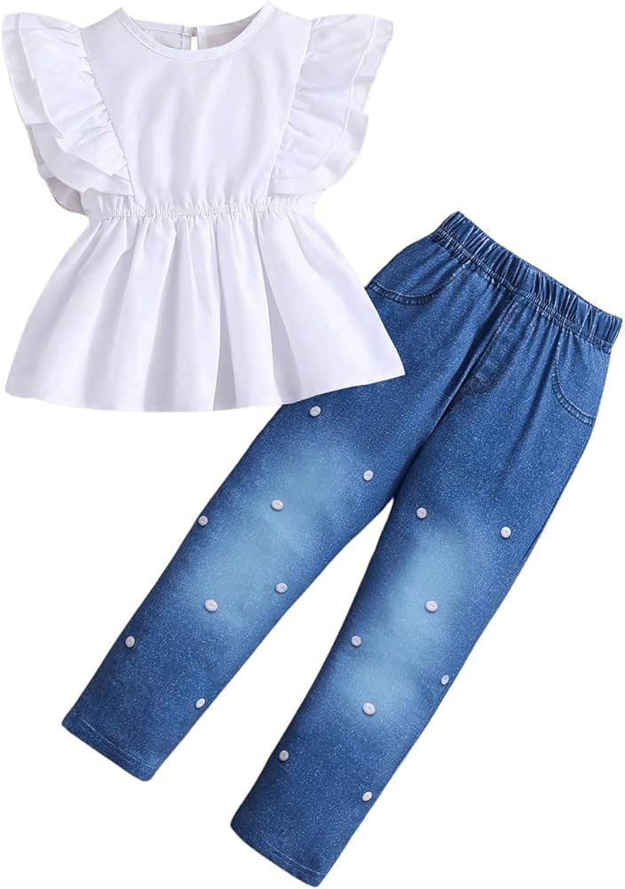 Girl's 2 Piece Cap Sleeve Round Neck Ruffle Hem Pullover Blouse and Denim Pants Sets