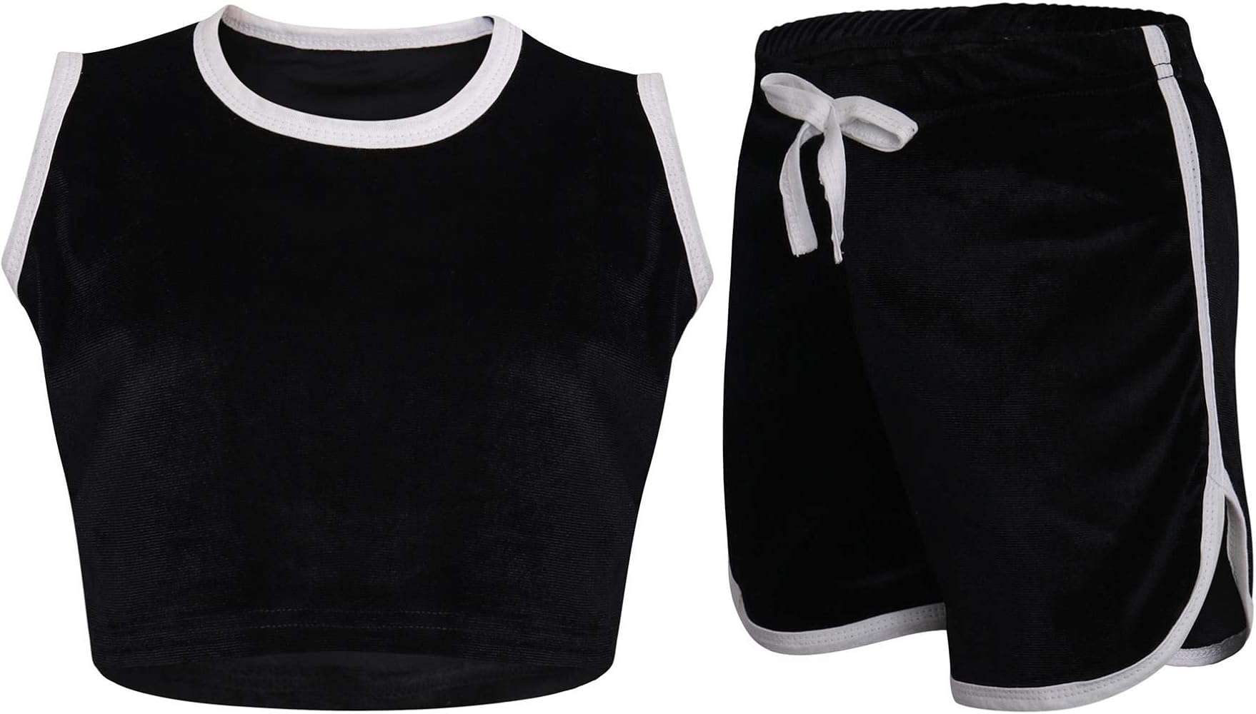 Kids Girls Shorts Set Contrast Taped Black Velour Crop Top & Hot Short 5-13 Year