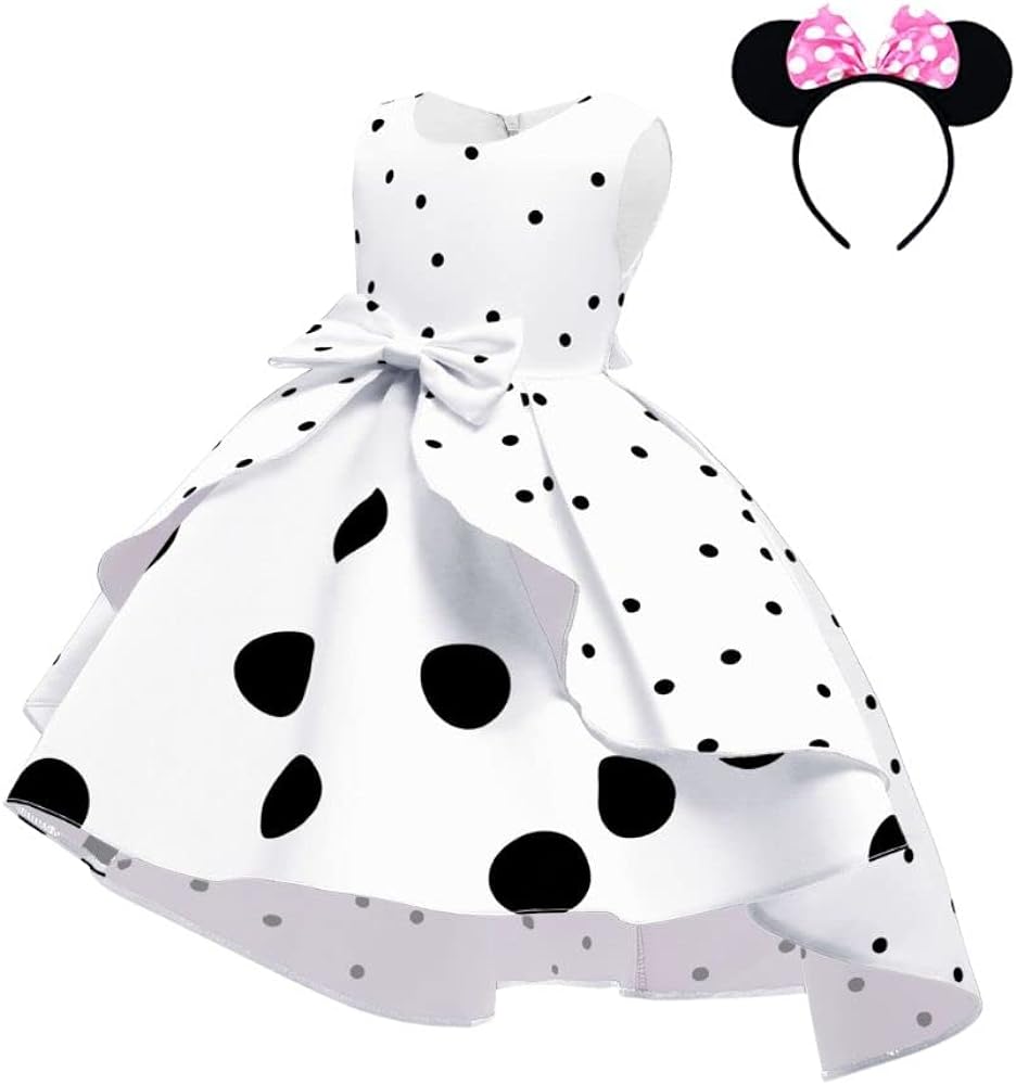 Girls Polka Dot Print Party Princess Dress Toddler Elegant Wedding Pageant Dresses Bowknot Mouse Ears Headwear