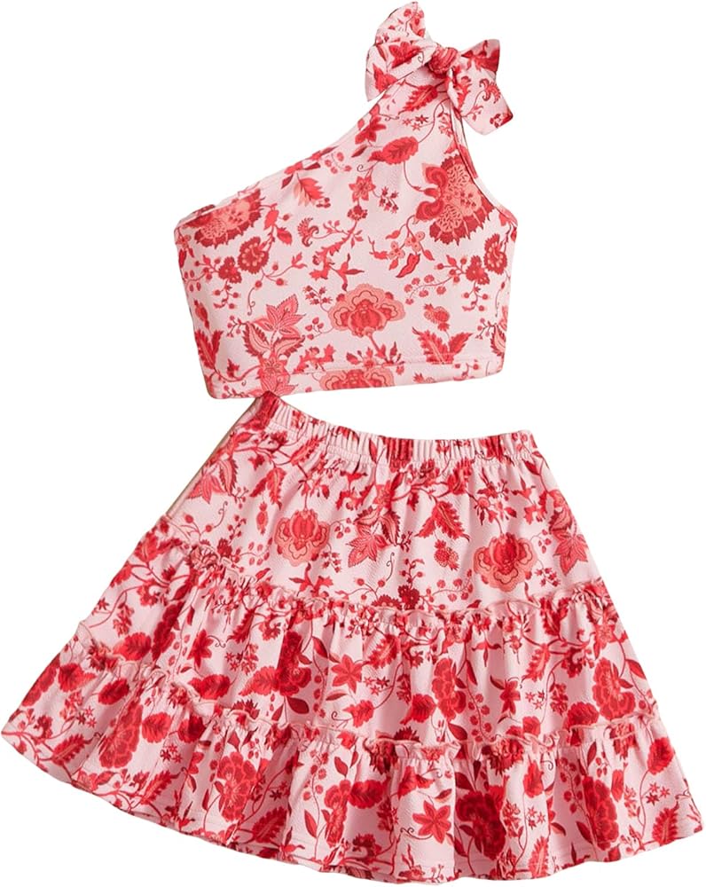 Floerns Girl's 2 Piece Outfit Floral Knot One Shoulder Tank Top with Skirt Set