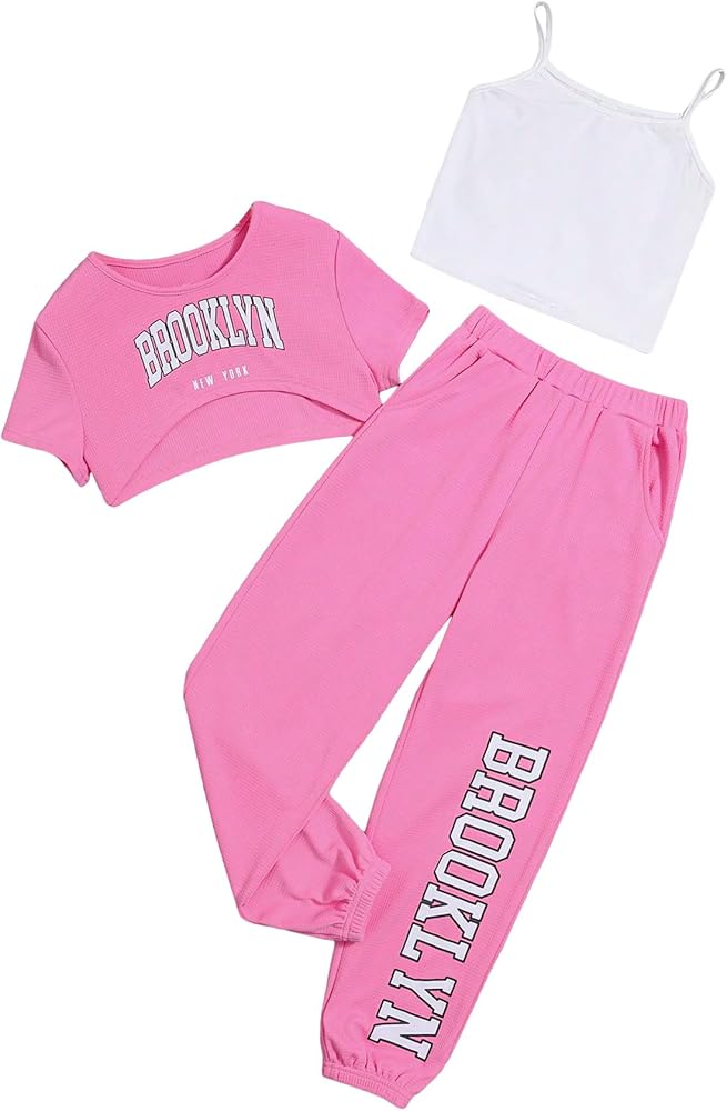 Floerns Girl's 3 Piece Outfit Cami Top and Sweatpants with High Low Hem Tee Shirt