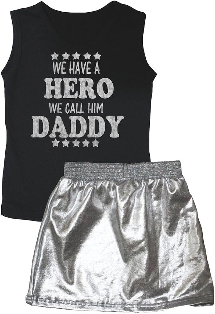 Petitebella Bling Hero We Call Him Daddy Black Vest Silver Skirt Set 1-8y