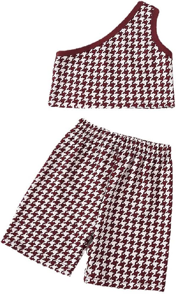 Quenny girls' houndstooth suits,girls' fashion sleeveless one-shoulder tops and shorts two-piece suits.