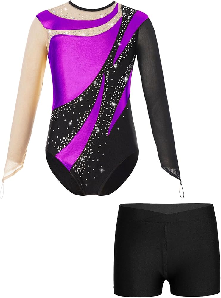 Kids Girls Mesh Long Sleeve Gymnastics Leotards with Athletic Shorts Sets Biketard Dance Outfits