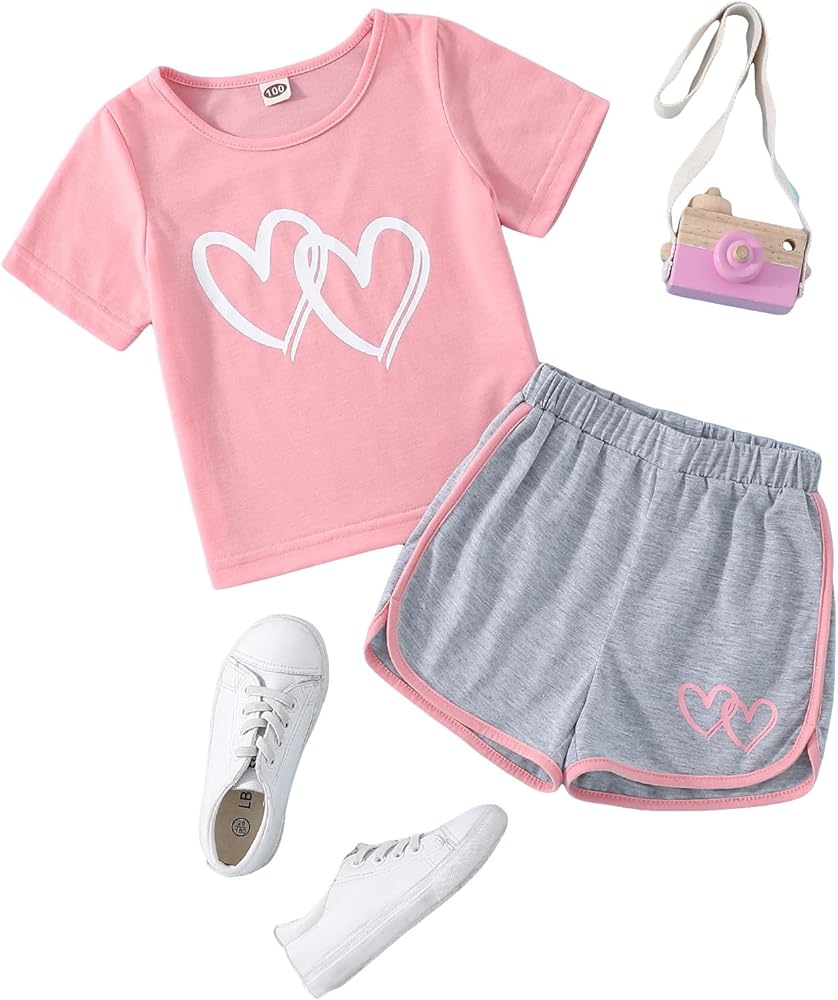 SOLY HUX Girl's Summer 2 Piece Outfits Short Sleeve Crop Top and Cute Print Shorts Sets Cute Clothing Set Pink Grey Multi 120