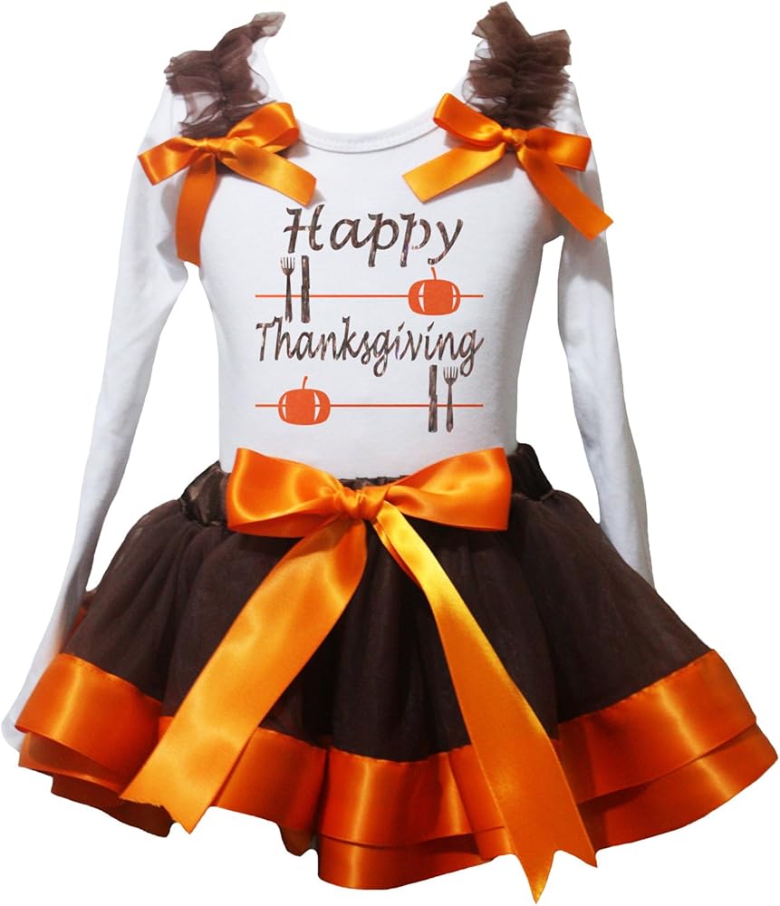 Petitebella Happy Thanksgiving White L/S Shirt Brown Orange Petal Skirt Nb-8y