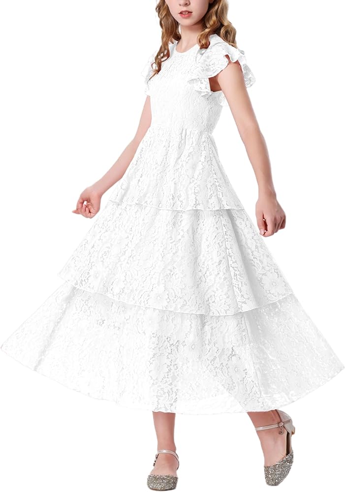 Mebius Girls Lace Maxi Long Dress Ruffle Sleeve Crewneck Tiered A-Line Swing Wedding Party Dresses