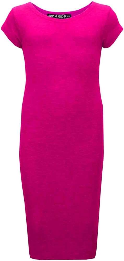 A2Z 4 Kids Girls Bodycon Plain Short Sleeve Long Length Dresses - Midi Dress Cerise 9-10