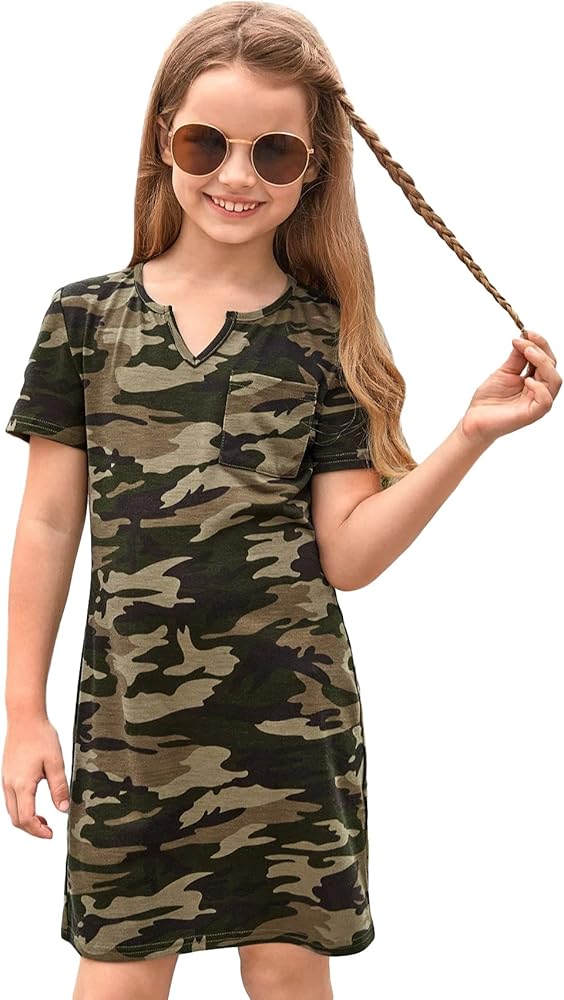 WDIRARA Girl's Camo Print Notched Neckline Straight Hem Short Sleeve Knitted Tee Dress