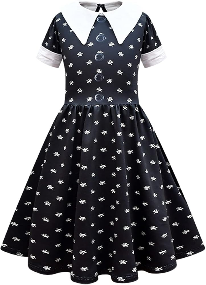 Wednesday Dress Girls Halloween Dresses Addams Family Dress for Kids A Line Peter Pan Collar Black Skater Gothic Dress for Carnival Cosplay Party Girls Polka Dot Dress Black A line 4-5 Years