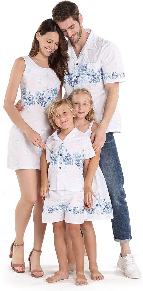 Matchable Family Hawaiian Luau Men Women Girl Boy Clothes in White with Blue Hibiscus