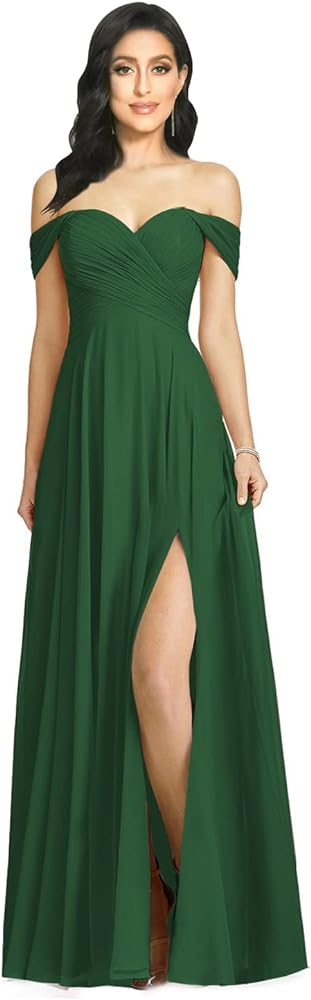 Loyeloy Off Shoulder Bridesmaid Dresses for Women Long Pleat Chiffon Aline Formal Party Dress with Slit LOY103